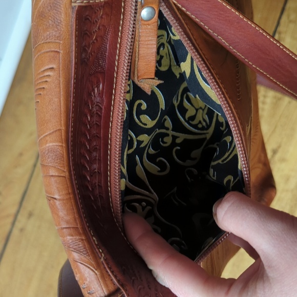 Leather Crossbody Patterned Bag, Tan & Maroon - Picture 5 of 11